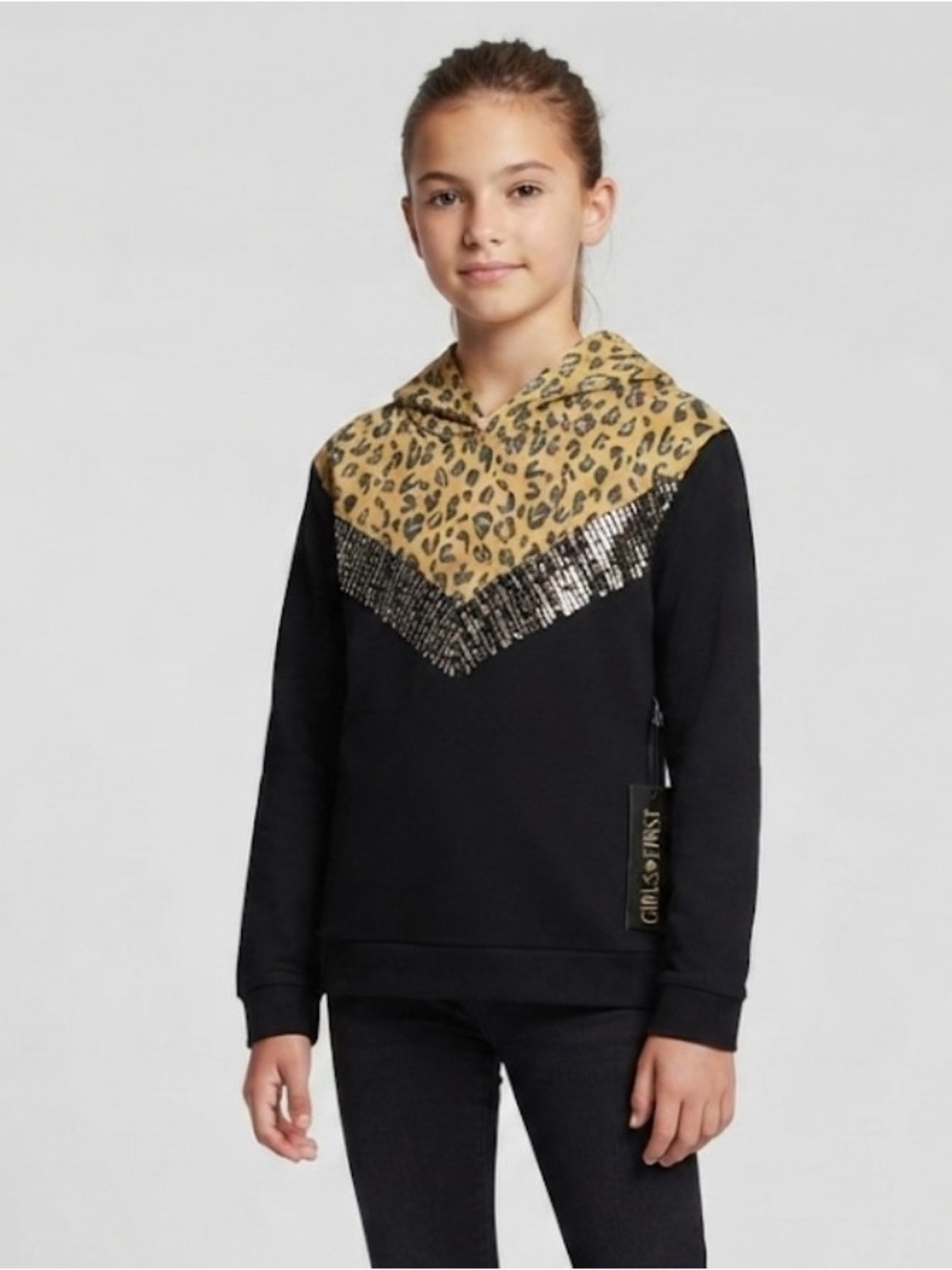 Girls First Leopard Print Hooded Top in Mustard and Black